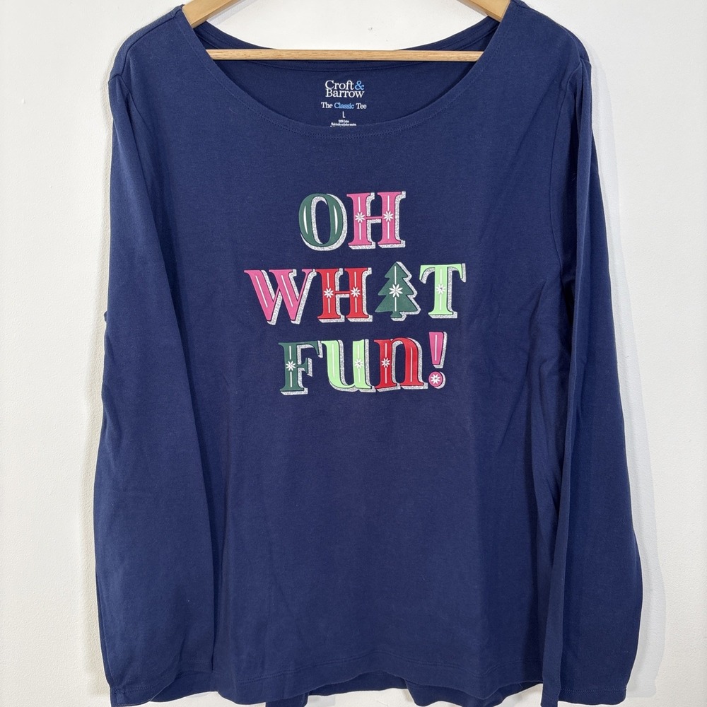 Croft & Barrow Classic Tee "Oh What Fun" Christmas Long Sleeve Shirt Large Navy